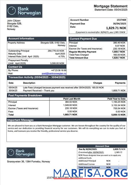 Printable Norway Bank Norwegian mortgage statement Word and PDF template